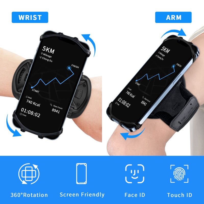 HLOMOM Wristband Phone Holder for Running, 360Â°Rotation & Detachable Sports Armband with Key Holder for iPhone 17/16/15/14/13/12/11/Pro/XS/XR/X/8/7/6/Plus, for Samsung Galaxy, Fits 4''-6.5''Phone - Image 3